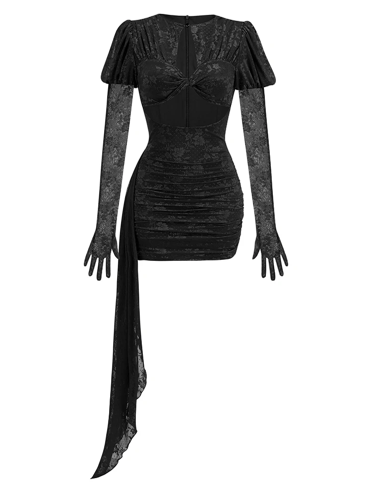 Sexy Spitze Drapiertes, figurbetontes Minikleid für Damen, schwarze Handschuhe, lange Ärmel, Spitze, Blumenkleider, Nachtclub, Party, Promi-Geburtstagskleider