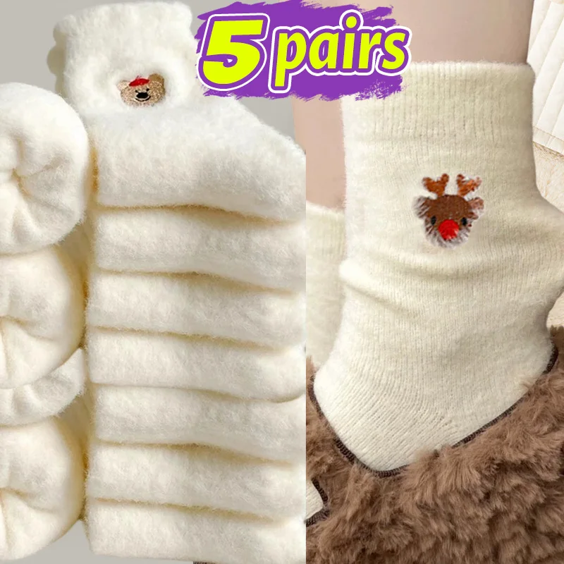 

1/5 пар мягких белых рождественских носков из норки с вышивкой, рождественской елки, Санта-Клауса, чулки средней длины, женские зимние утепленные носки