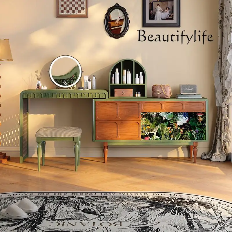 

French retro bedroom solid wood chest integrated retractable dresser 2025 new