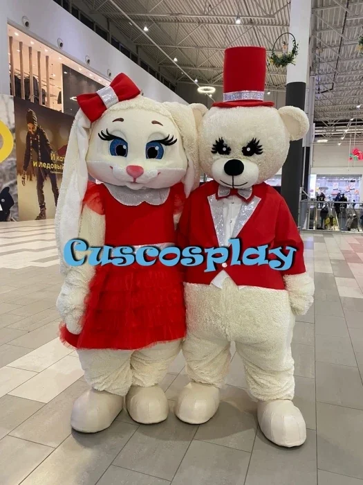 

Hairy Bear and Hare Mascot Costumes Red Dress Cartoon Party Costumes Adult Size