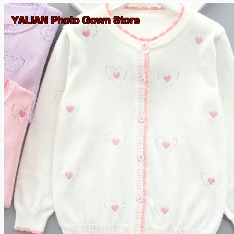 Girls Jacket 2024 Autumn Kids Hollow Out Knit Top Pure Cotton Open Front Knit Cardigan