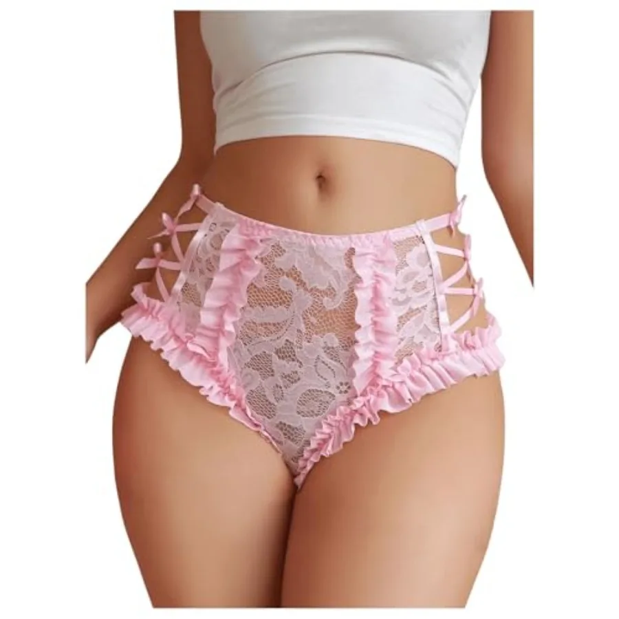 

SHENHE Women's Sheer Lace Brief Criss Cross Bow Panty Ruffle Frill Trim High Waisted Underwear
