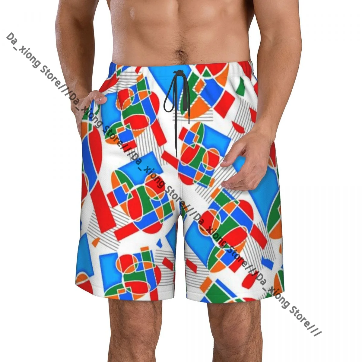 Men Beach Short Quick-drying Swimming Trunk Polygonal Colorful Pattern Swimwear Swimsuit Bathing Shorts