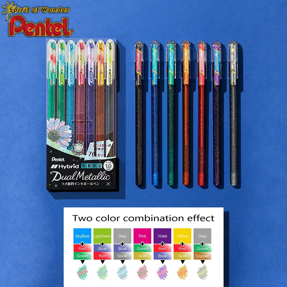 

7 цветов/набор, блестящая ручка Japna Pentel, кисть, перламутровая гелевая ручка, двухцветная ручная ручка для рисования палатки, 1,0 мм, каваи, стационарные принадлежности