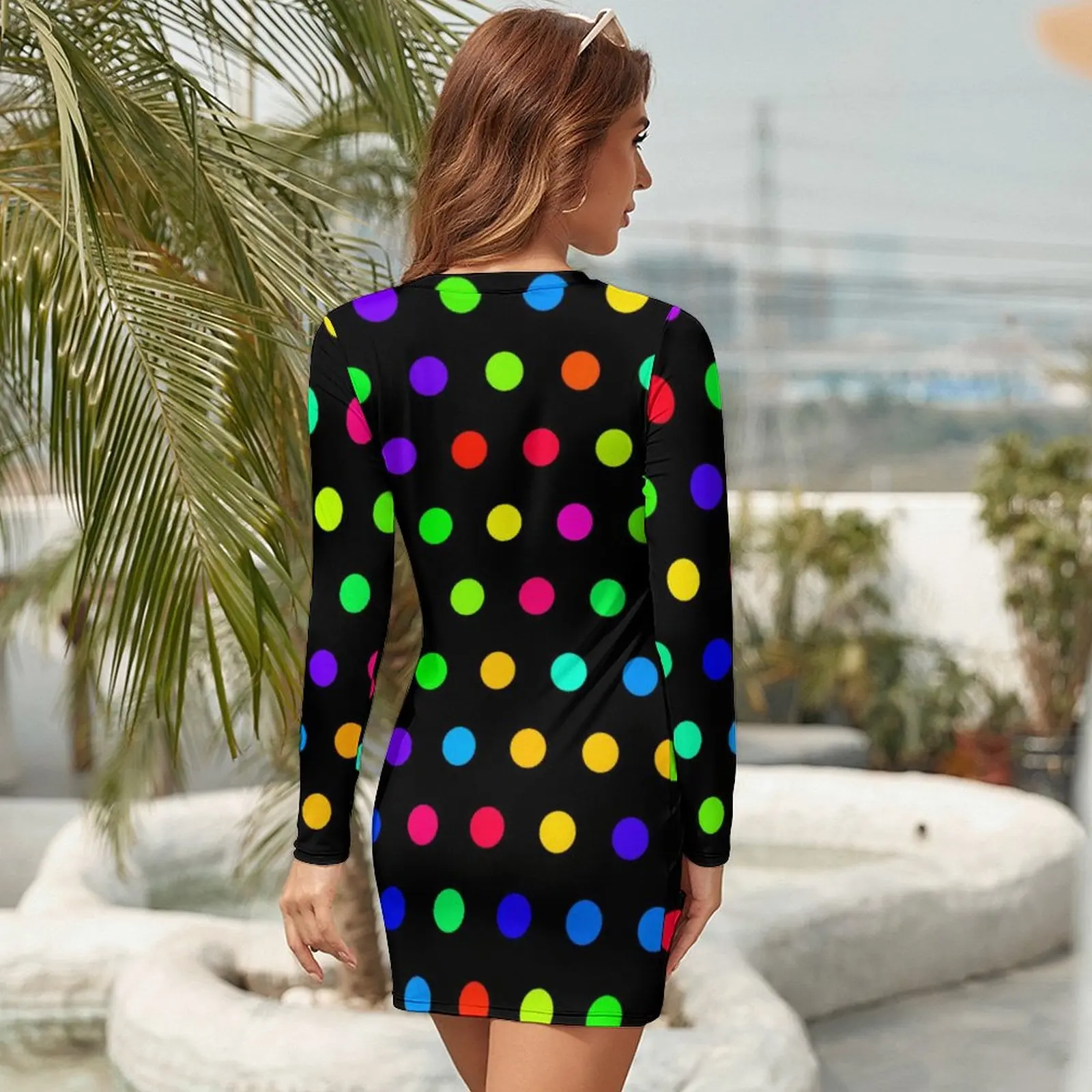 Vestido Bodycon de lunares de arcoíris para mujer, vestidos de Club nocturno modernos de lunares coloridos, vestido básico estampado de manga larga, Primavera