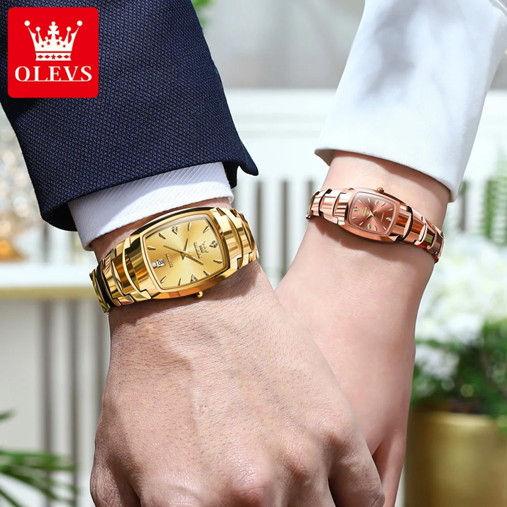 OLEVS-Montre de couple à quartz de luxe pour hommes et femmes, étanche, forme de tonneau, horloge à main, bracelet en acier au tungstène, montres d'affaires, 7006