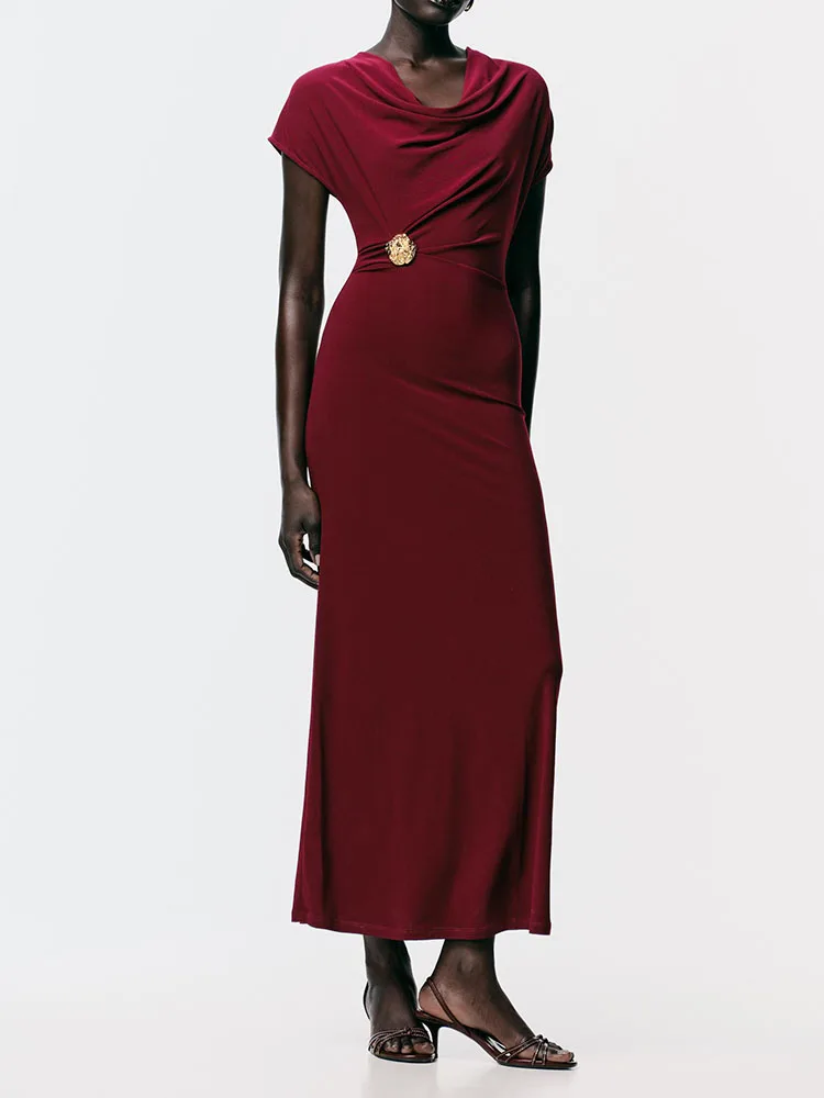 

Ele ort Sve Slim Long Dr with Pleats Faionable Deep V Ne mid Waist Long Skirt for Women Autumn New Arrival