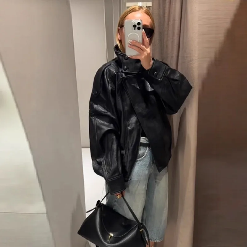 2025 Autumn/Winter New Arrival Hit Product: Personality Retro Short-Style Motorcycle Jacket with Stand Collar Leather Jacket