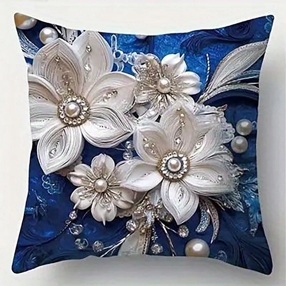 1-Piece Exquisite Blue Floral Pillow Cover, Durable Zipper Style, Home Decorative Cushion Cover