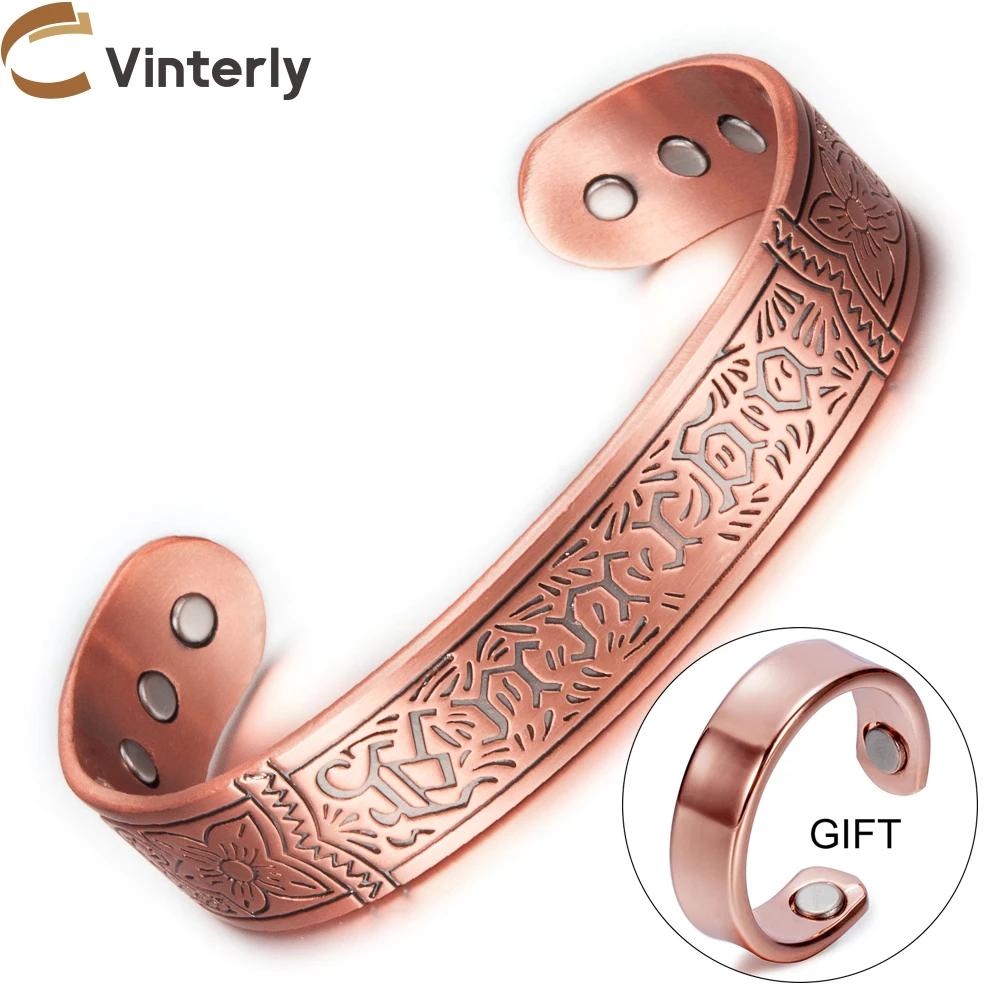 Vinterly Pure Copper Bracelet Magnetic Health Energy 15.5mm Wide Adjustable Open Cuff Bangles for Men Jewelry Resizable Vintage