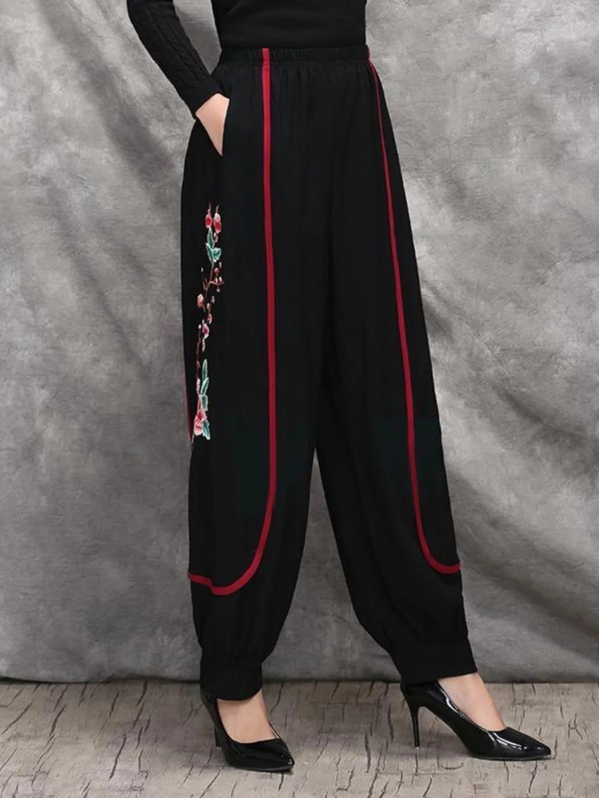 

Женские брюки с эластичной талией и широкими штанинами, весенне-летние, новые, с вышивкой, длинные, в этническом стиле, больших размеров, повседневные