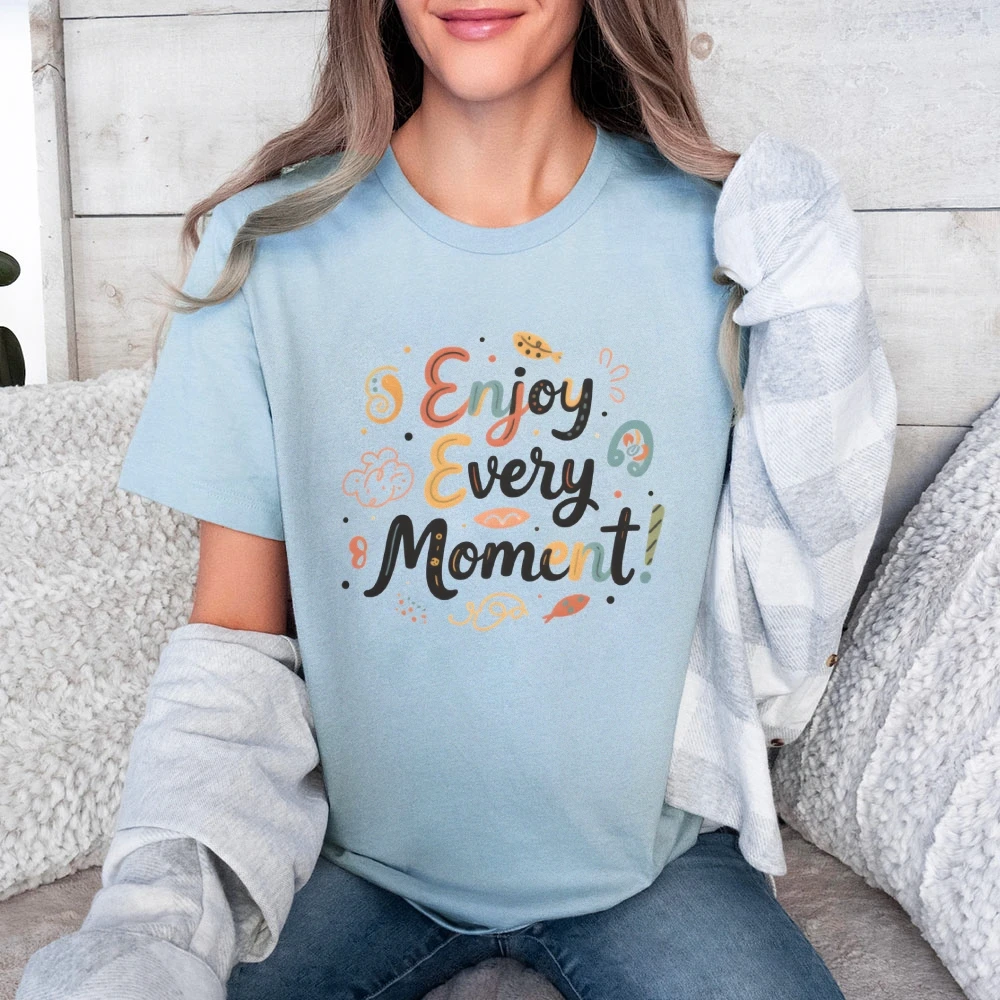 

Enjoy Every Moment Letters Printing Graphic Colorful Tees Street Wear Y2K Women‘s Clothes Cotton Casual T-Shirt Crew Neck