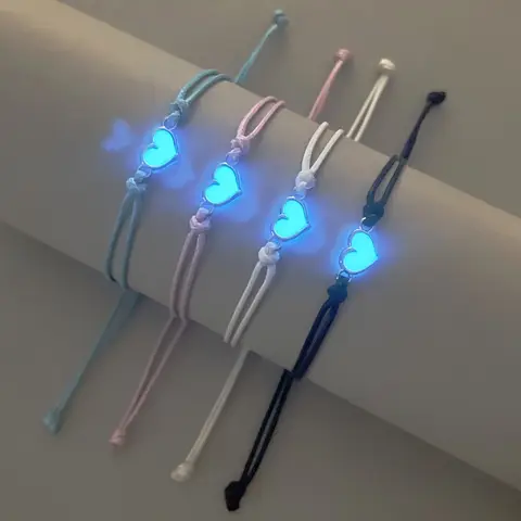 4-piece set of glow-in-the-dark  heart-shaped accessories, good sister bracelets, hand-woven waxed cord wristbands