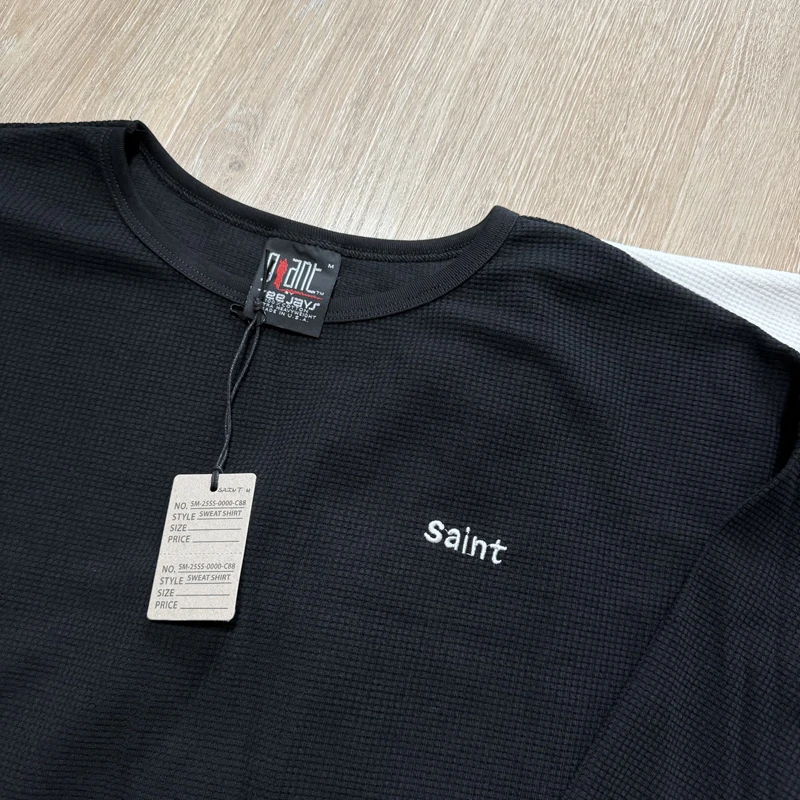 Fashion Street Black White Cleanfit Men Women Waffle Saint Long Sleeve Tshirts Chest Embroidered Letter Round Neck Pullover