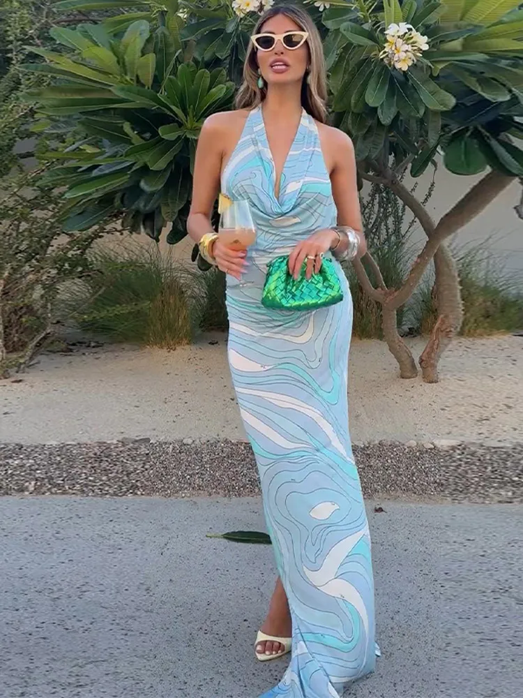 فساتين ماكسي أنيقة بدون أكمام وظهر نحيف، فستان طويل مطبوع على الموضة للنساء، أردية صيفية أنيقة لحفلات الشاطئ #4