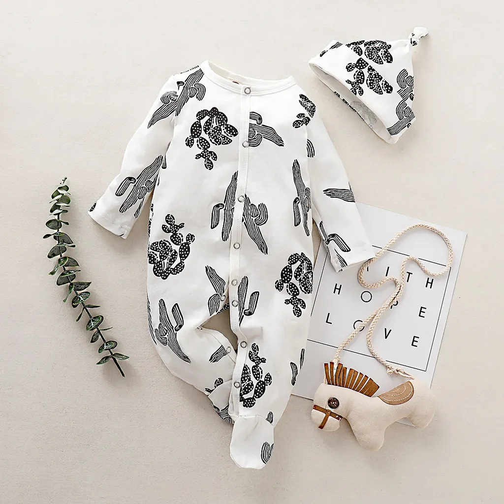 0-18Month Baby Boys Girls Print Romper Jumpsuit Autumn Winter Warm Long Sleeve Newborn Infant Kids Bodysuit Pajamas And Hat Caps