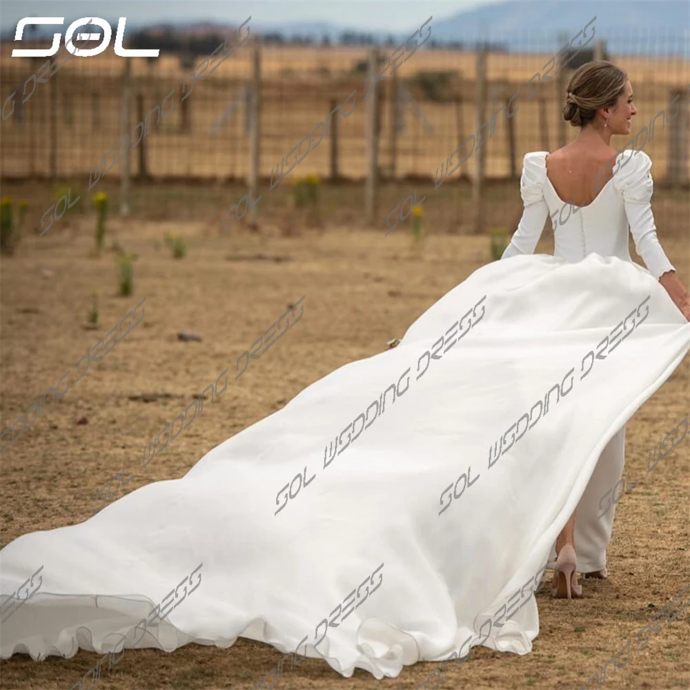 SOL elegante treno staccabile maniche lunghe a sbuffo abiti da sposa colletto quadrato Backless sirena abiti da sposa Vestidos De Novia