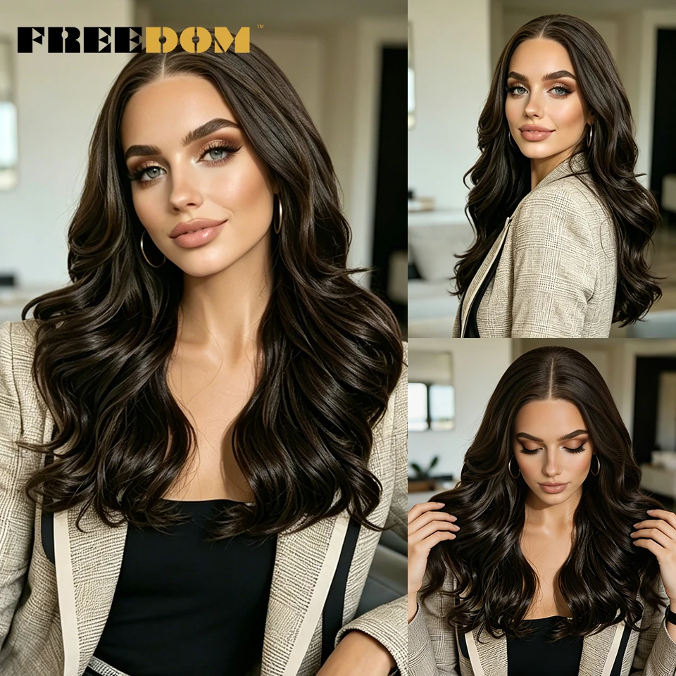 

FREEDOM 13x4 Free Part Body Wave Synthetic Lace Front Wigs For Women Natural Looking 20" Ombre Brown Highlight Daily Party Wigs