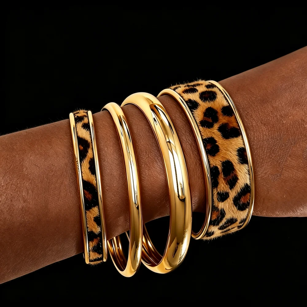 4pcs Bohemian Leopard Print Bracelet Set for Women Retro Elegant Minimalist PU Leather Bangle Daily Wear Party Jewelry Gift New