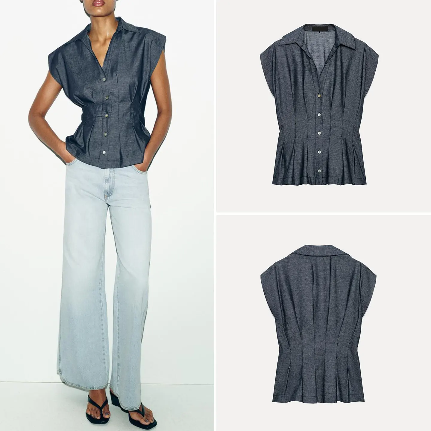 

Fashionable Women's Short Sleeve Shirt Stand Collar Pleated Waist Cinching Summer 2026 New Arrival ZADATA Ladies Blouse