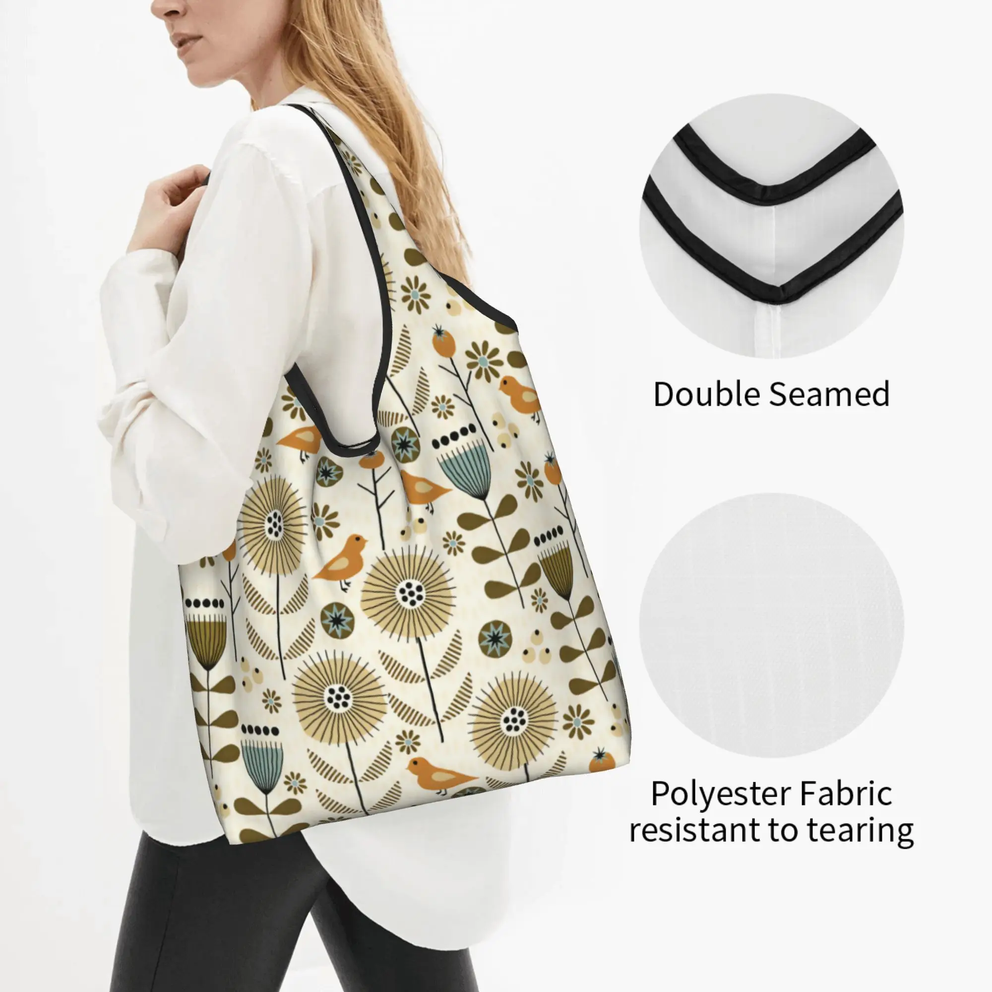 Custom Bird Calm Scandi Meadow Autumn Shopping Bag Women Portable Large Capacity Groceries  Tote Shopper Bags