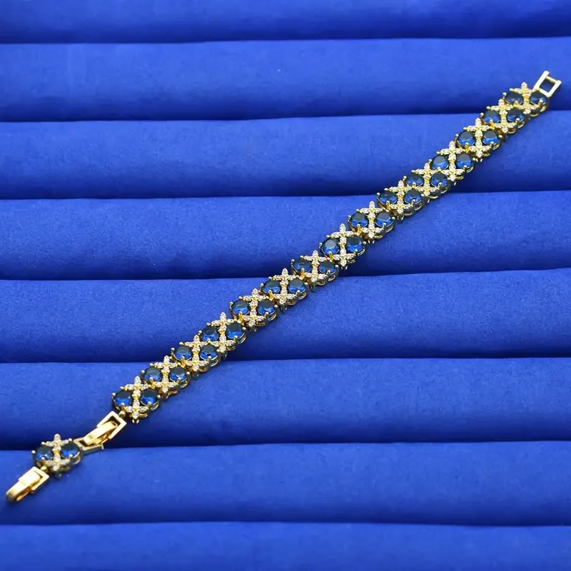 Luxuriöses Vintage-Armband mit blauem Zirkonia, 18 Karat vergoldet, Schmuck für Frauen, perfekt für Hochzeiten, Partys, Valentinstagsgeschenk – Detail 5