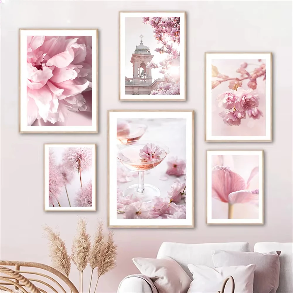 Spring Pink Rose Peony Sakura Dandelion Orchid Sparrow Car Garden Posters Flower Wall Art Canvas Painting Living Room Home Decor