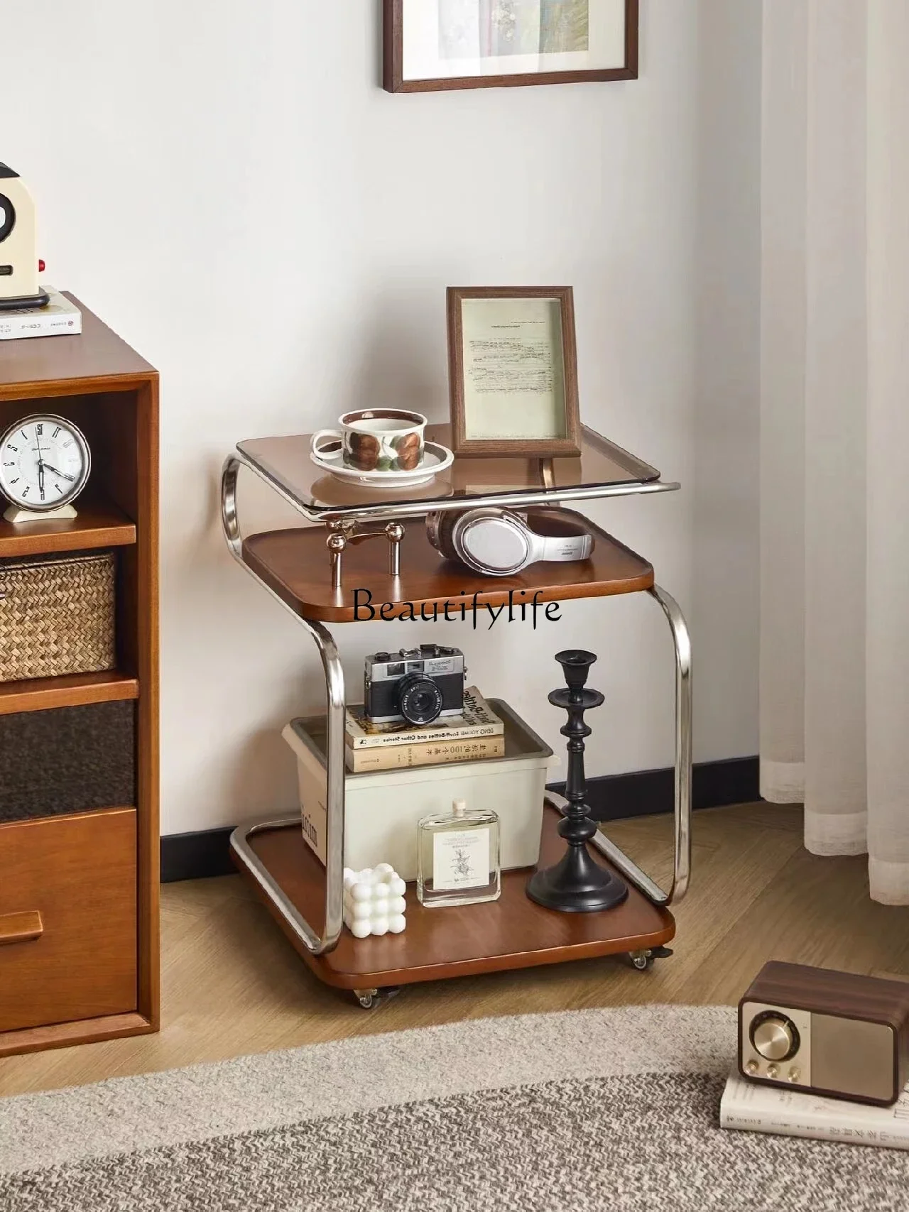 

LD6Solid Wood Mid-Ancient Portable Trolley Nordic Sofa Shelf Glass of Corner Table Coffee Table
