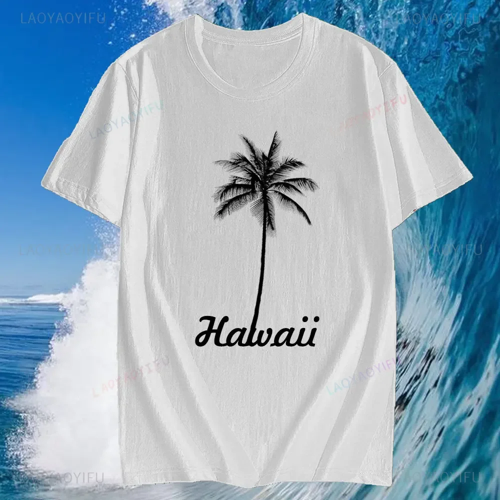 Mens Hawaii Surfing Cotton Short Sleeve for Men Tops Summer Beach Palm Print Fashion Street Style Cotton T-Shirt Clothes