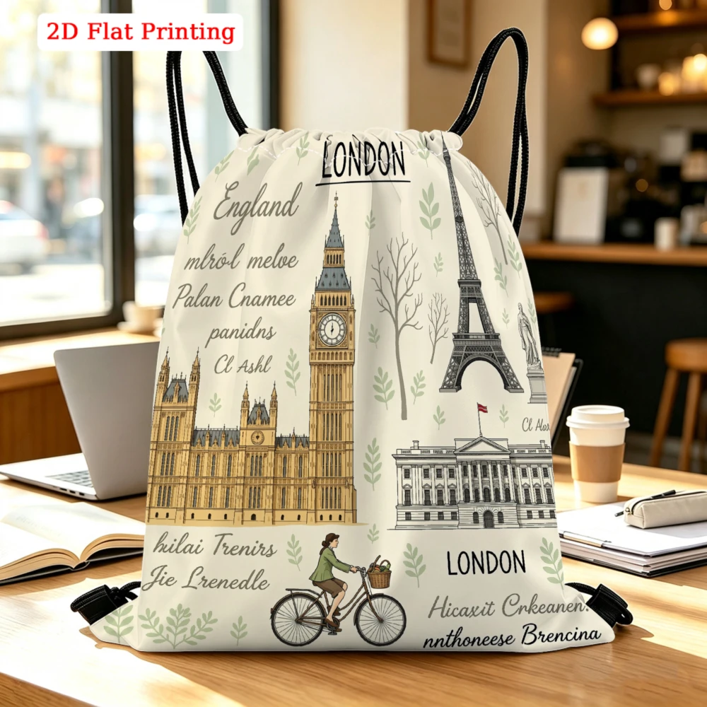 London Landmarks Bicycle Illustration Drawstring Bag, Travel Shoe, Fitness Sports & Outdoor Backpack