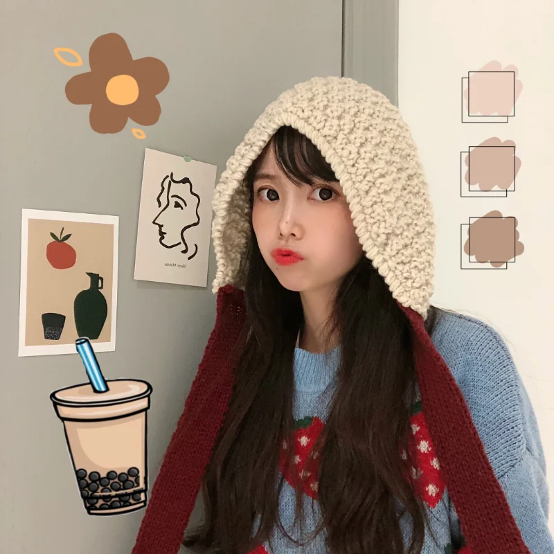 INS Korean All-match Cute Color-blocking Fluffy Knitted Wool Scarf Hat Cashmere Scarf Hat Small Pointed Beanies Gorras