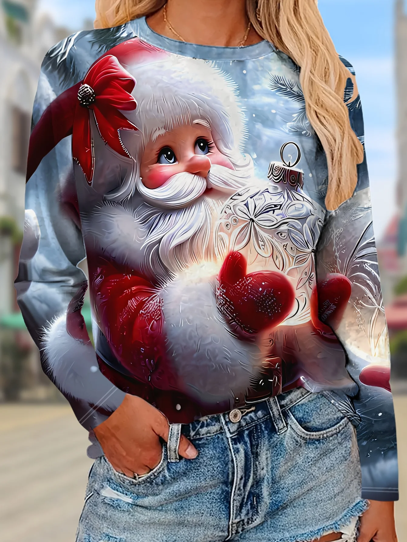 Women's Long Sleeve T-Shirt, Cute Santa Claus Holding Christmas Ornament Print, All-Winter Holiday Style Top Suitable For Leisure And Sports Scenarios