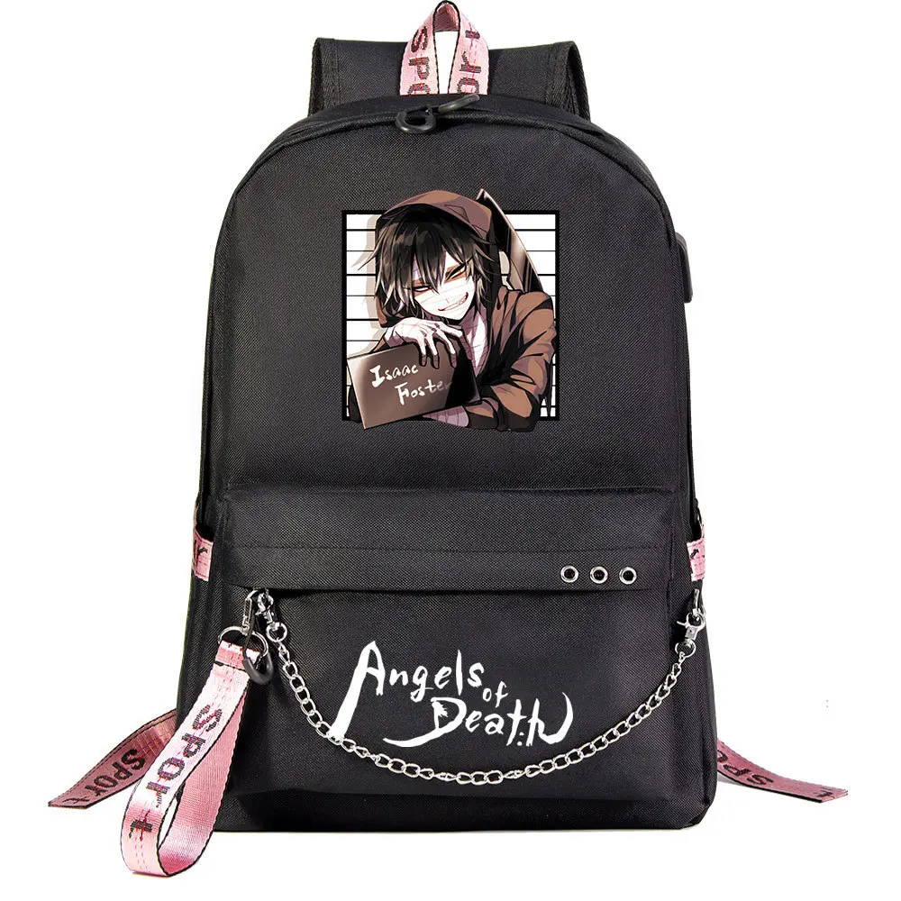 Anime Angel Death Backpack School Book Bags Travel Boys Girls Laptop Headphone USB Port Daily Mochila