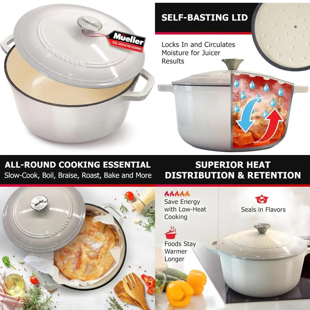 

Enameled Cast Iron Dutch Oven 7.5 QT, Heavy-Duty Casserole Dish, Braiser Pan with Lid, Stainless Knob, Oven-Safe, Perfect for Ba