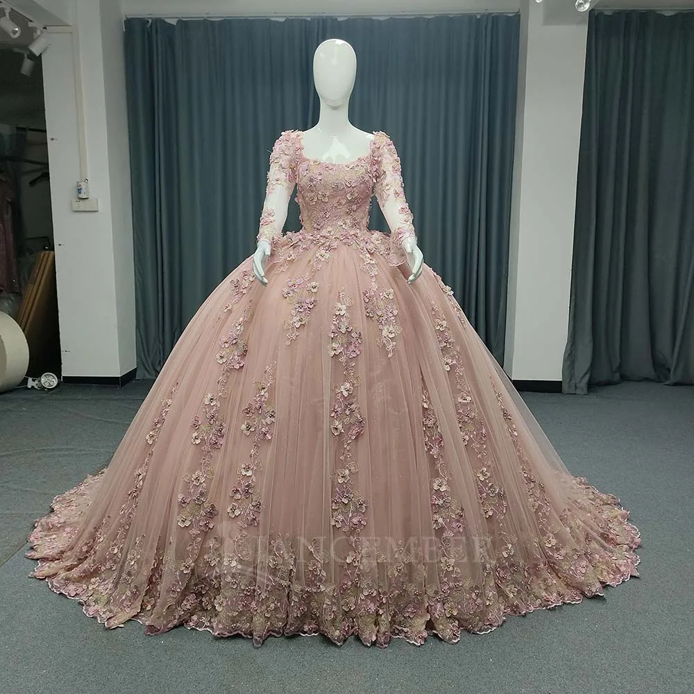 

Glittering Square Collar Quinceanera Dresses Long Sleeves Floral Applique Lace vestido de 15 quinceañera Ball Gown Sweet 16