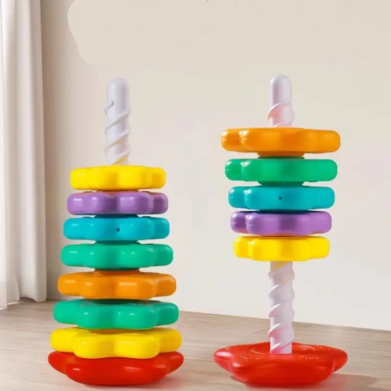 New-1Set Baby Spinning Stacking Puzzle Toys Montessori Rotating Rainbow Tower Children Develop Motor Skills Game Kids Gift