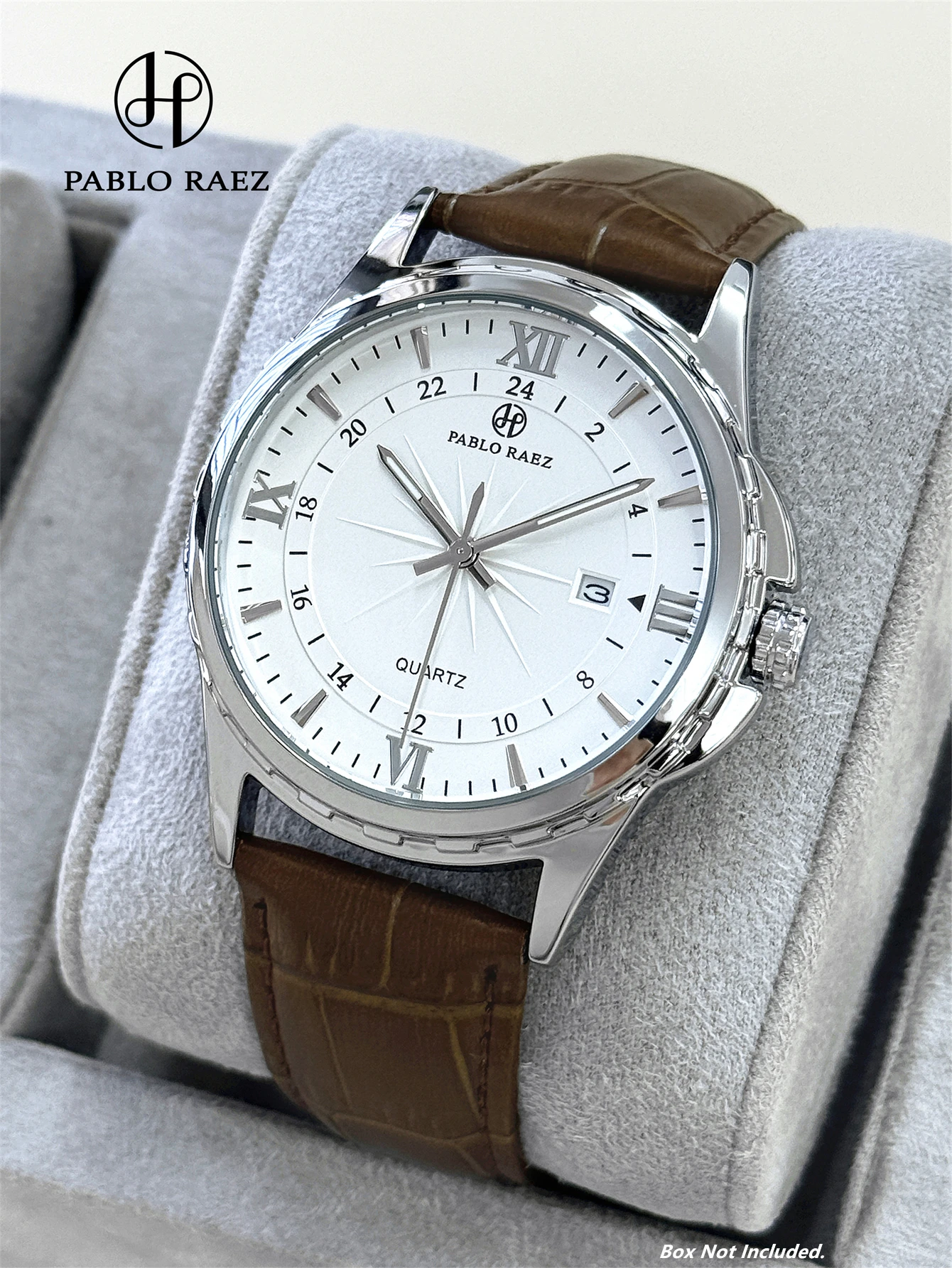 PABLO RAEZ Business Brand Casual Men's Watch Leather Strap Roman Numerals Stainless Steel Bezel Calendar 50M Waterproof Gifts