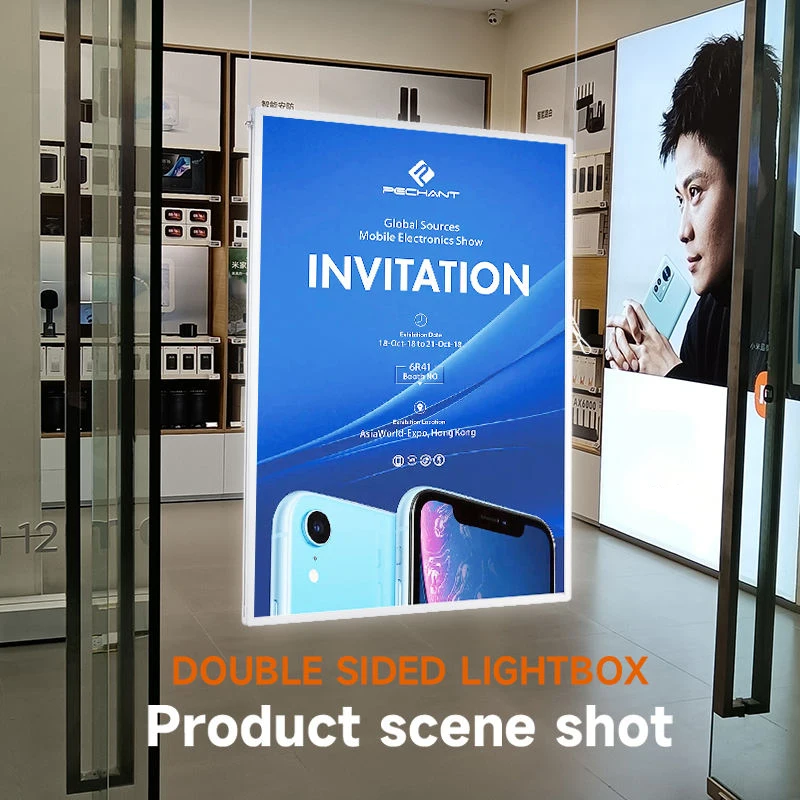 Ultra-thin LED Hanging Double-sided Advertising Light Box Tempered Glass Screen Restaurant LED Menu Board Lighted Poster Display