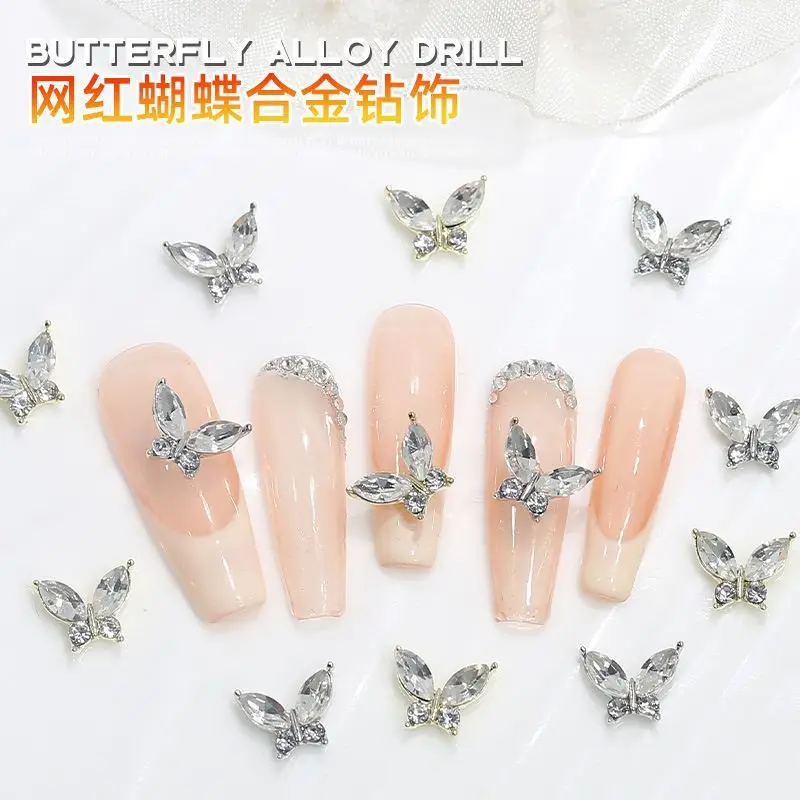 10PCS Large Size Shiny Zircon Butterfly Nail Charms, 3D Crystal Rhinestone Nail Art Decorations for Manicure DIY