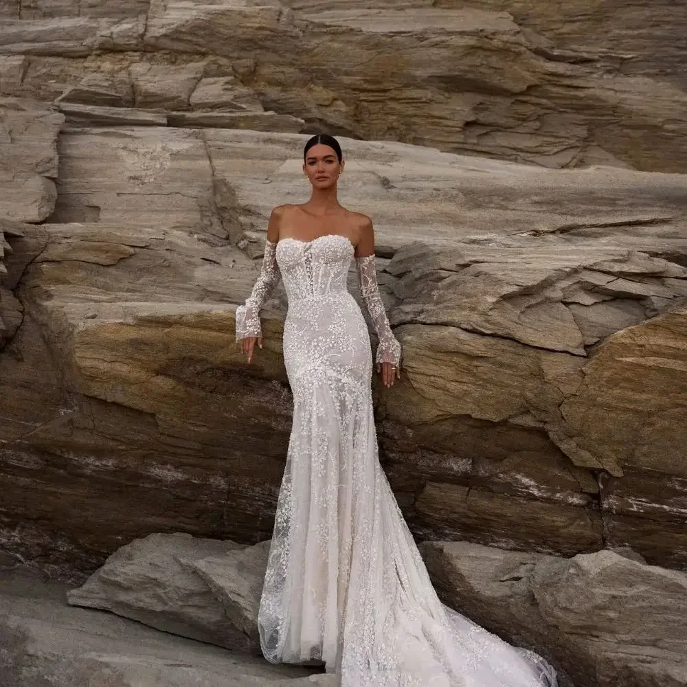 

Customized Luxurious Floral Wedding Dresses Beach Mermaid Beaded Off Shoulder Appliques Bridal Gown Vestidos De Novia