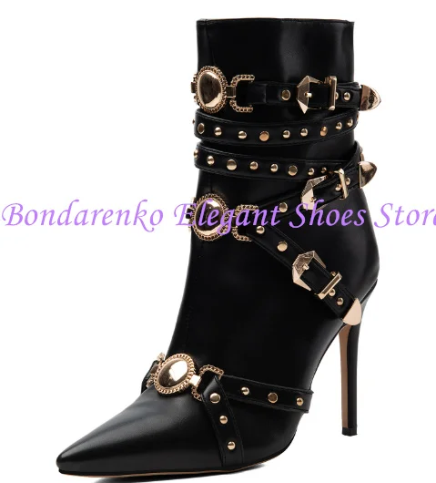 Black Leather Buckle Strap Rivets Woman Ankle Boots Fashion Design 10cm Thin Heel Short Boots Large Size Dress Party Shoes