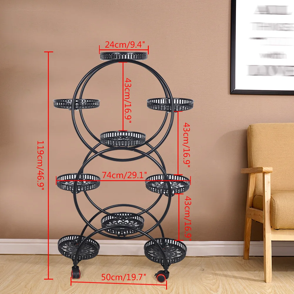 6 tingkat 9 Pot tanaman logam berdiri Taman rak bunga luar ruangan dalam ruangan besi tempa 9 nampan tanaman logam berdiri rak Pot bunga hitam