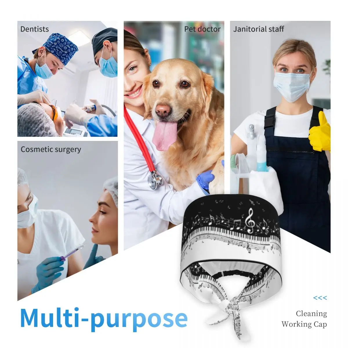 Abstract Piano Keys With Musical Notes Scrub Hat Doctor Working Surgical Cap Unisex Adjustable Nursing Caps for Dentist