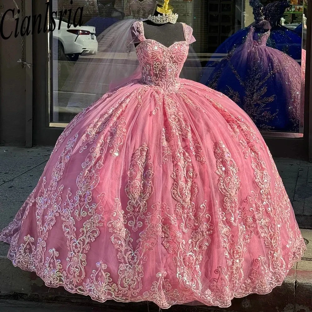 Vestido De baile De quinceañera con apliques De lentejuelas y cuentas De cristal rosa, corsé con hombros descubiertos, 15 Años