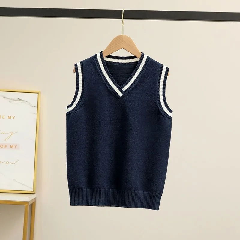 

Новинка 2025 года, вязаный жилет для мальчиков в академическом стиле, осенне-зимняя школьная форма с v-образным вырезом, джинсовый жилет для детей среднего и большого размера