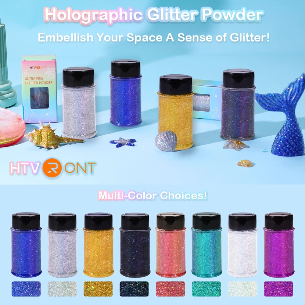 HTVRONT 50g/1.76oz Holographic Fine Glitter Powder for Resin Non-Toxic Fine Glitter for Nails Resin Candle Making Crafts Decor