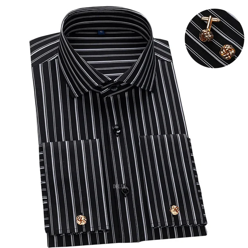 2025 Windsor Collar Slim Fit Modal  New Men\'s French Shirt Long Sleeve Business Dress Cufflink Striped Shirt No Pocket