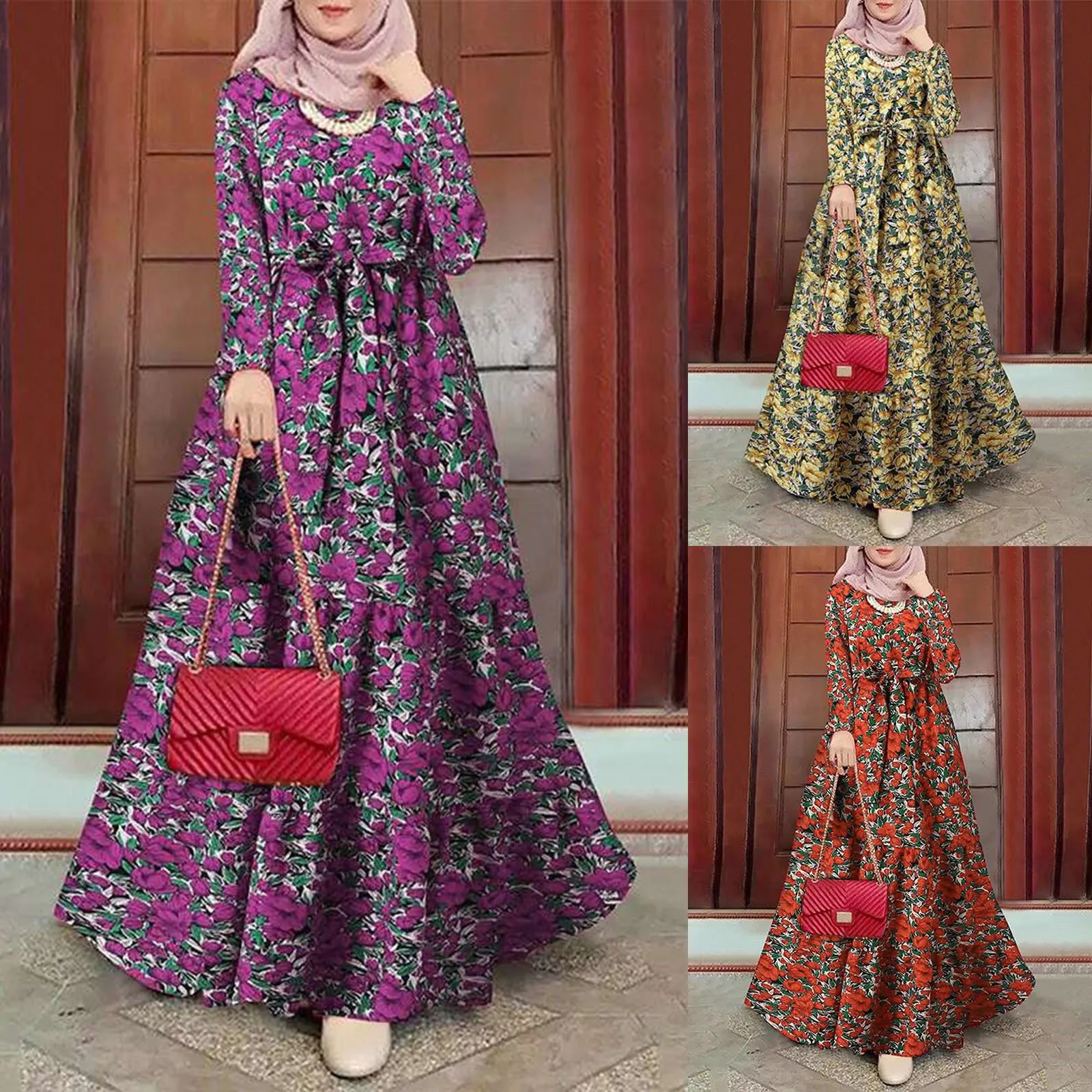 

Bohemian Autumn Vintage Party Dresses Womens Retro Muslim Dress Holiday Muslim Islamic Clothing Ladies Floral Printed Maxi Dress