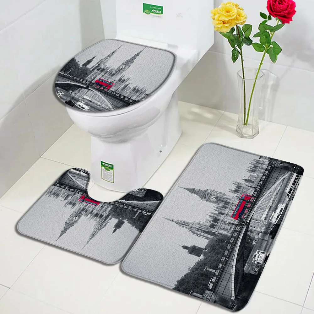 Red Bus Telephone Booth Bath Mats Sets London Retro Street Scene Modern Bedroom Home Grey Door Rug Bathroom Decor Toilet Lid Mat