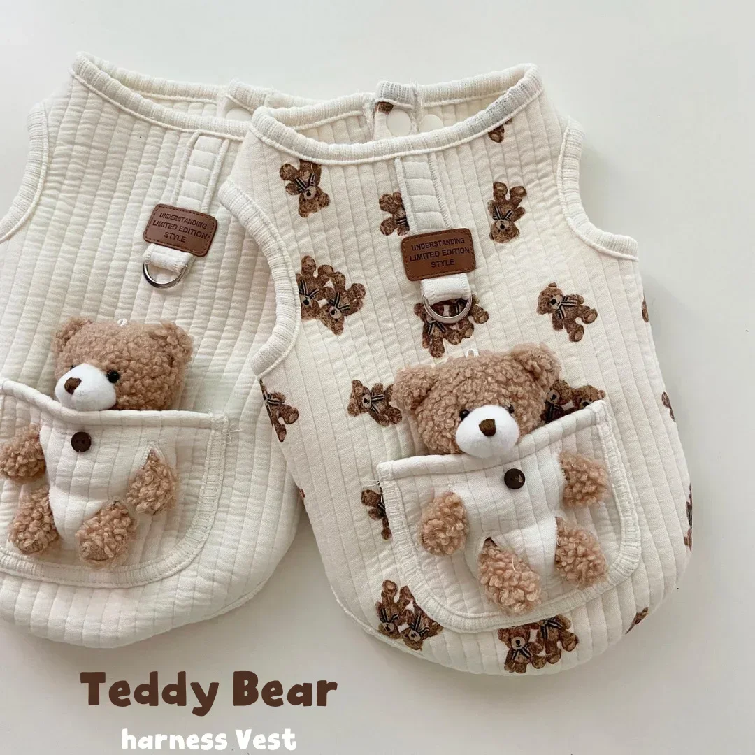 Winter New INS Cotton Dog Clothes Pocket Little Bear Cotton Jacket Vest Chest Back Pet Dog Cat Warm Printed Bear Sleeveless